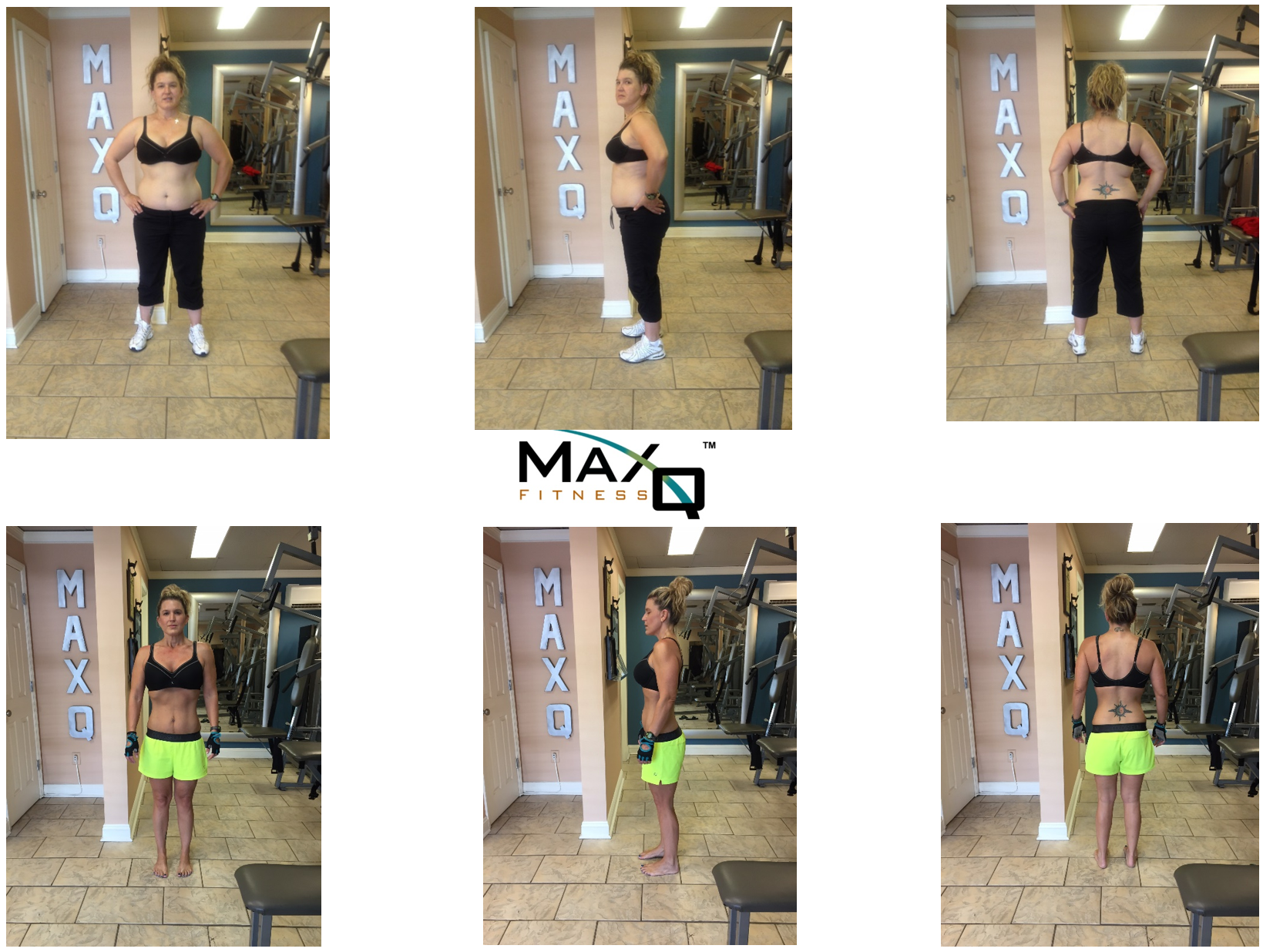 Shea's MaxQ15 transformation — front, side, and back views before and after training